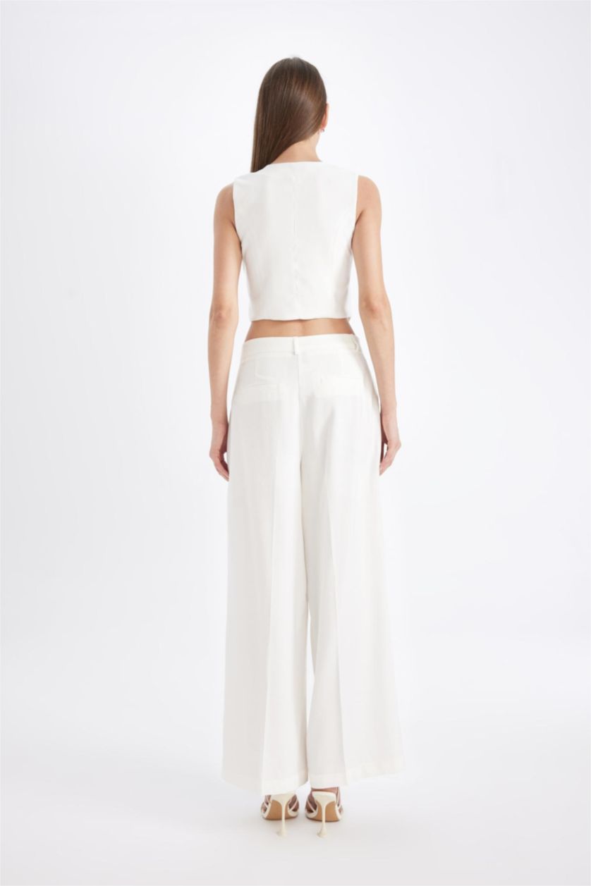 Kadın Ekru Wide Leg Piliseli Klasik Kumaş Pantolon Yüksek Bel Geniş Paça Basic Düz Tensel  Çift Cepli