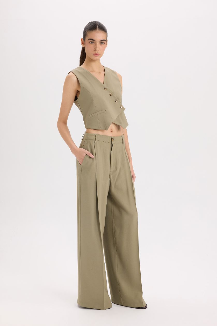 Kadın Açık Haki Wide Leg Piliseli Klasik Kumaş Pantolon Yüksek Bel Geniş Paça Basic Düz Tencel  Çift Cepli