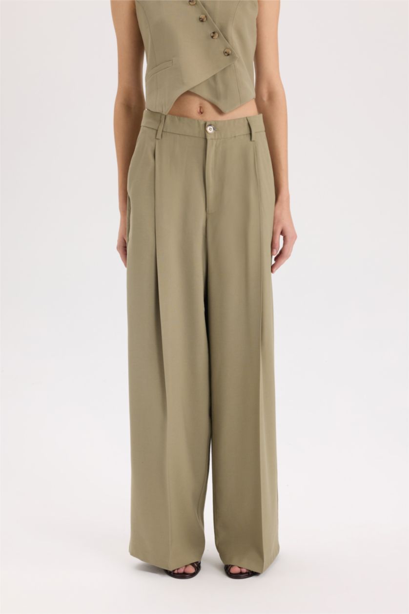 Kadın Açık Haki Wide Leg Piliseli Klasik Kumaş Pantolon Yüksek Bel Geniş Paça Basic Düz Tencel  Çift Cepli