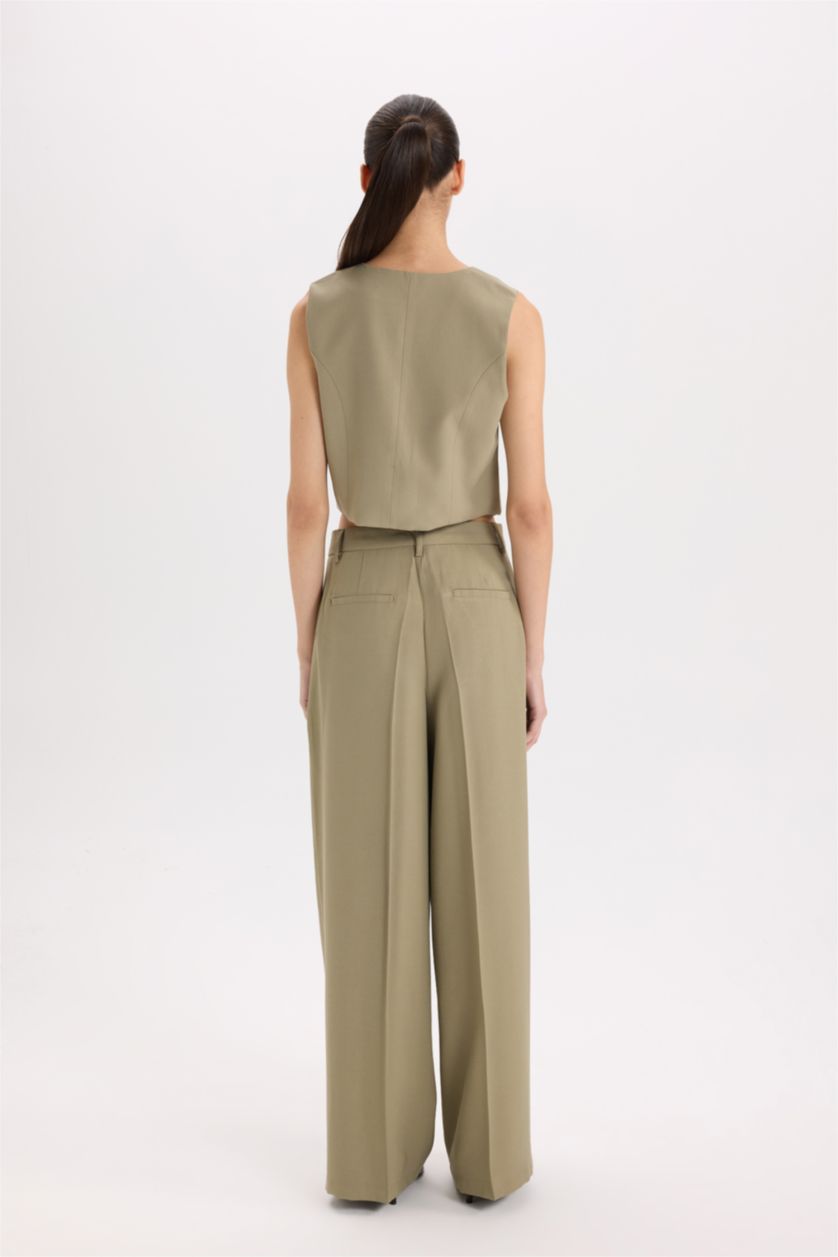 Kadın Açık Haki Wide Leg Piliseli Klasik Kumaş Pantolon Yüksek Bel Geniş Paça Basic Düz Tencel  Çift Cepli