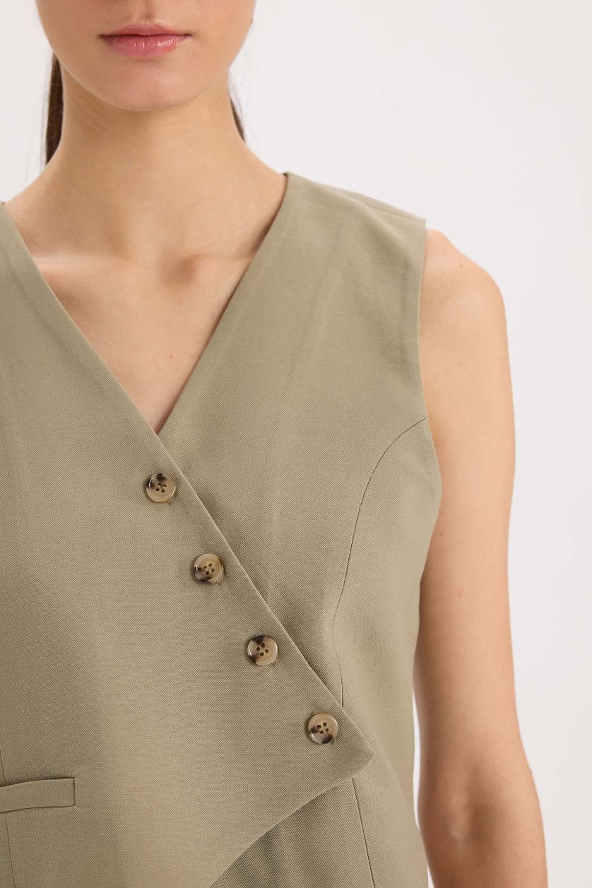 Kadın Açık Haki Regular Fit V Yaka Çapraz Düğmeli Tencel Blazer Yelek