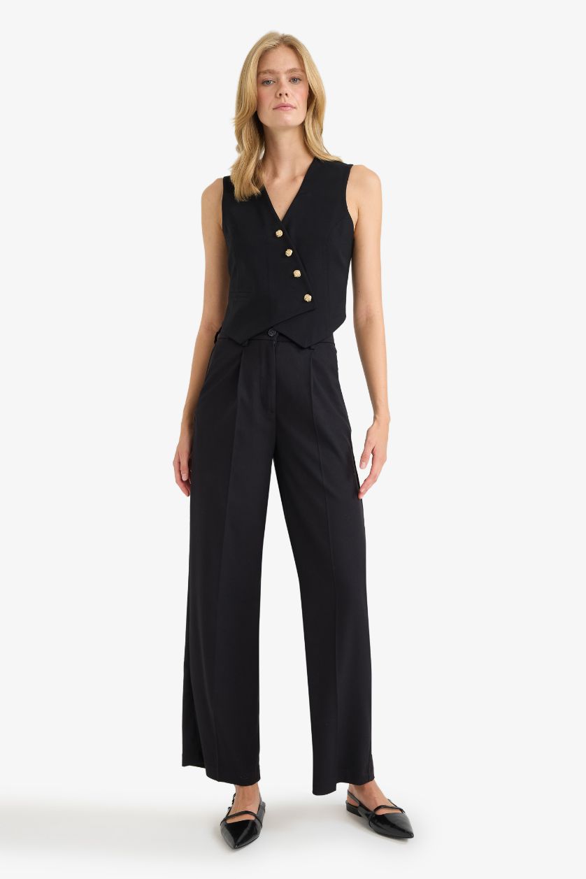 Kadın Siyah Regular Fit V Yaka Çapraz Düğmeli Tensel Blazer Yelek