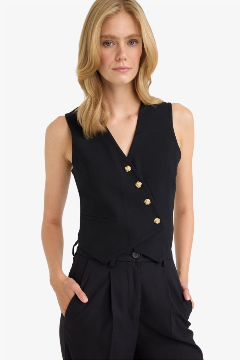 Kadın Siyah Regular Fit V Yaka Çapraz Düğmeli Tensel Blazer Yelek