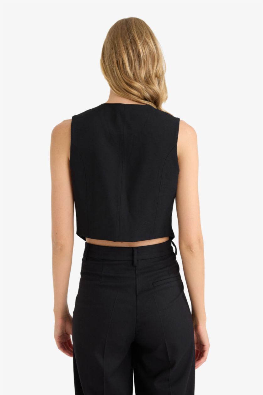 Kadın Siyah Regular Fit V Yaka Çapraz Düğmeli Tensel Blazer Yelek