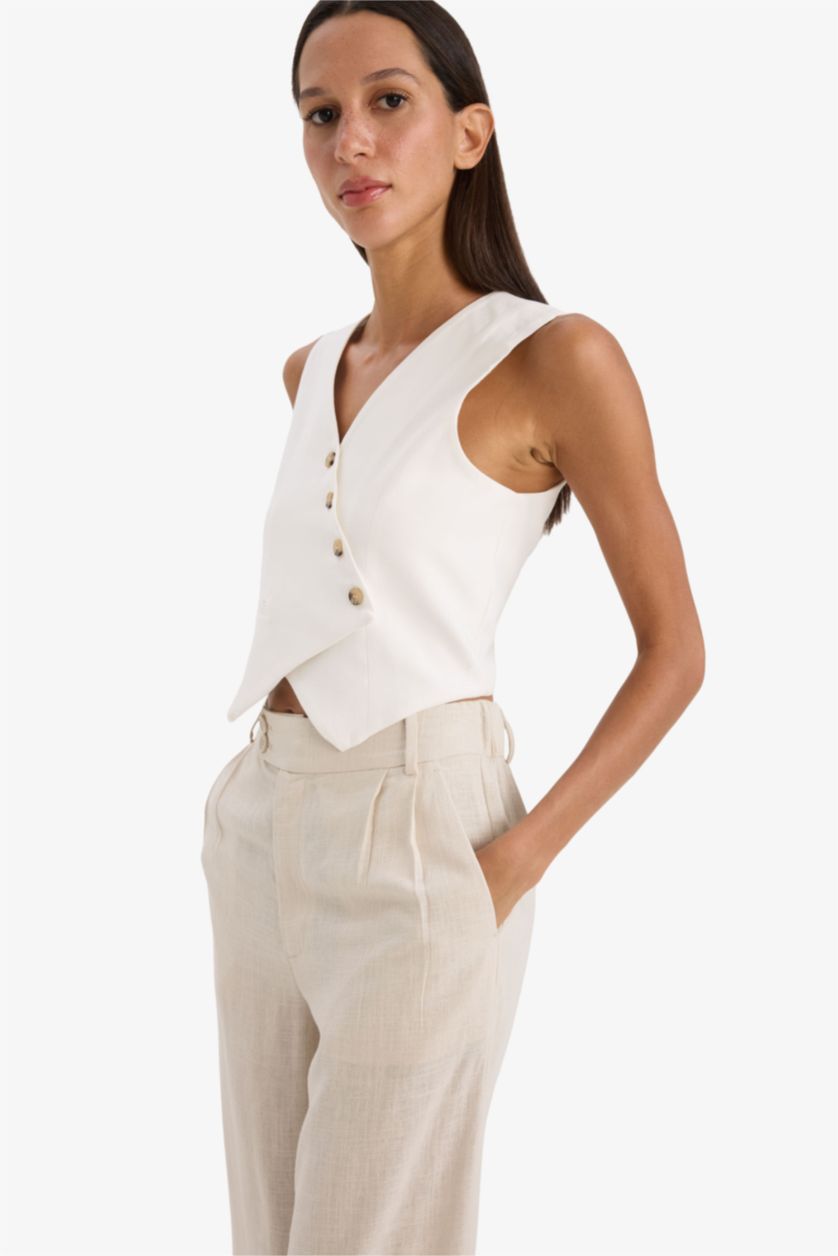 Kadın Ekru Regular Fit V Yaka Çapraz Düğmeli Tencel Blazer Yelek