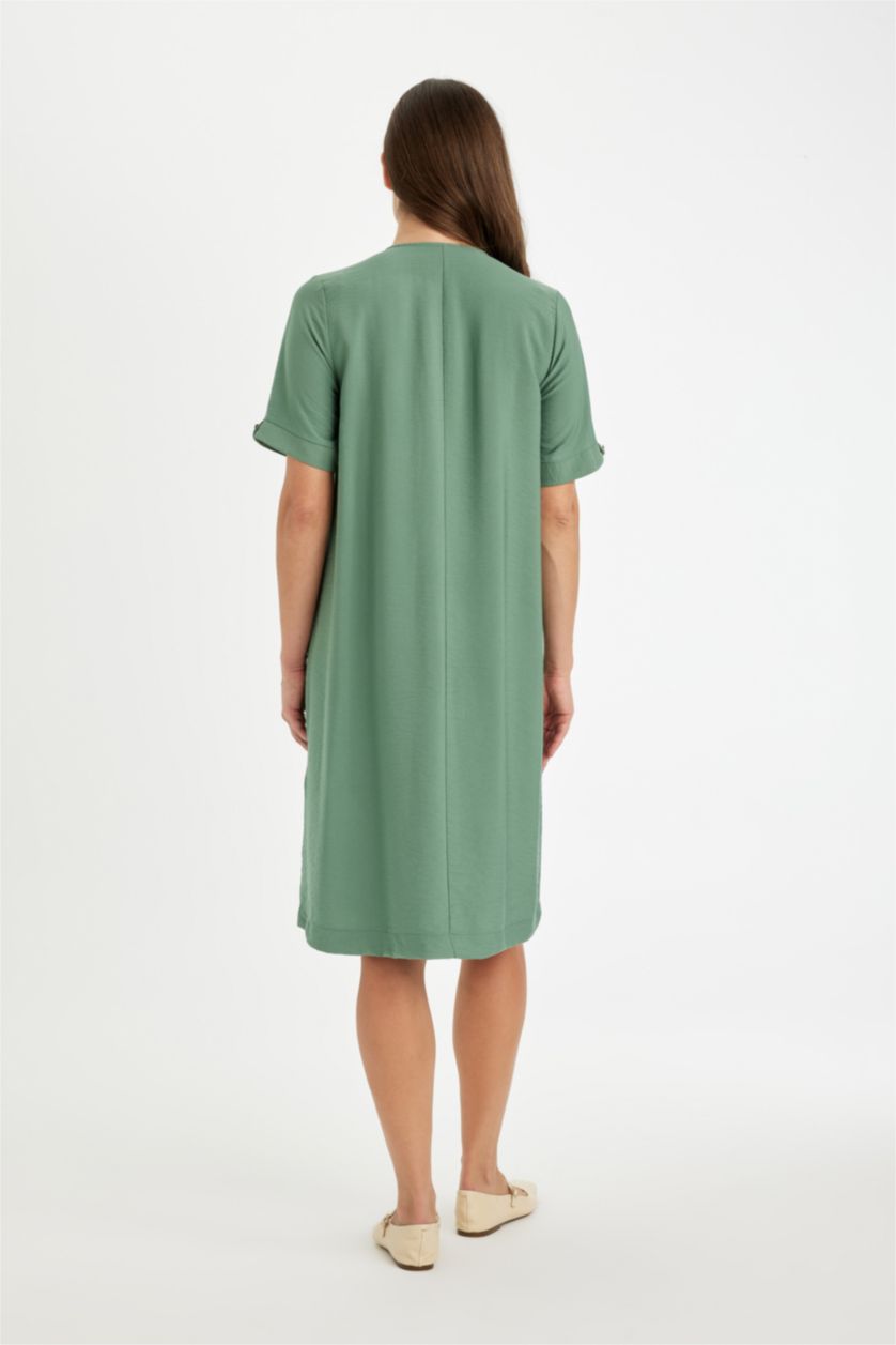 WOMAN Green Regular Fit V Neck Short Sleeve Midi Dress