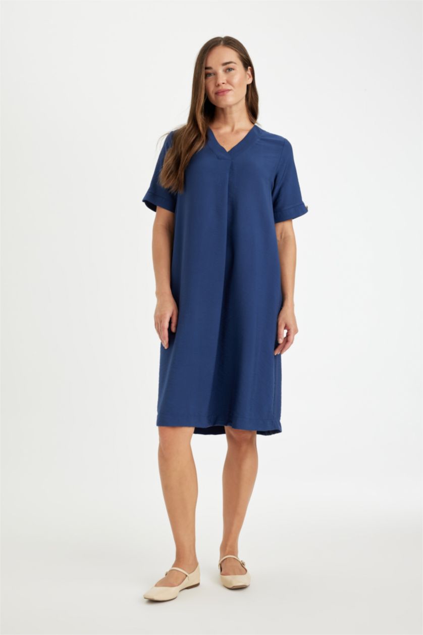 Kadın Lacivert Regular Fit V Yaka Kısa Kollu Midi Elbise