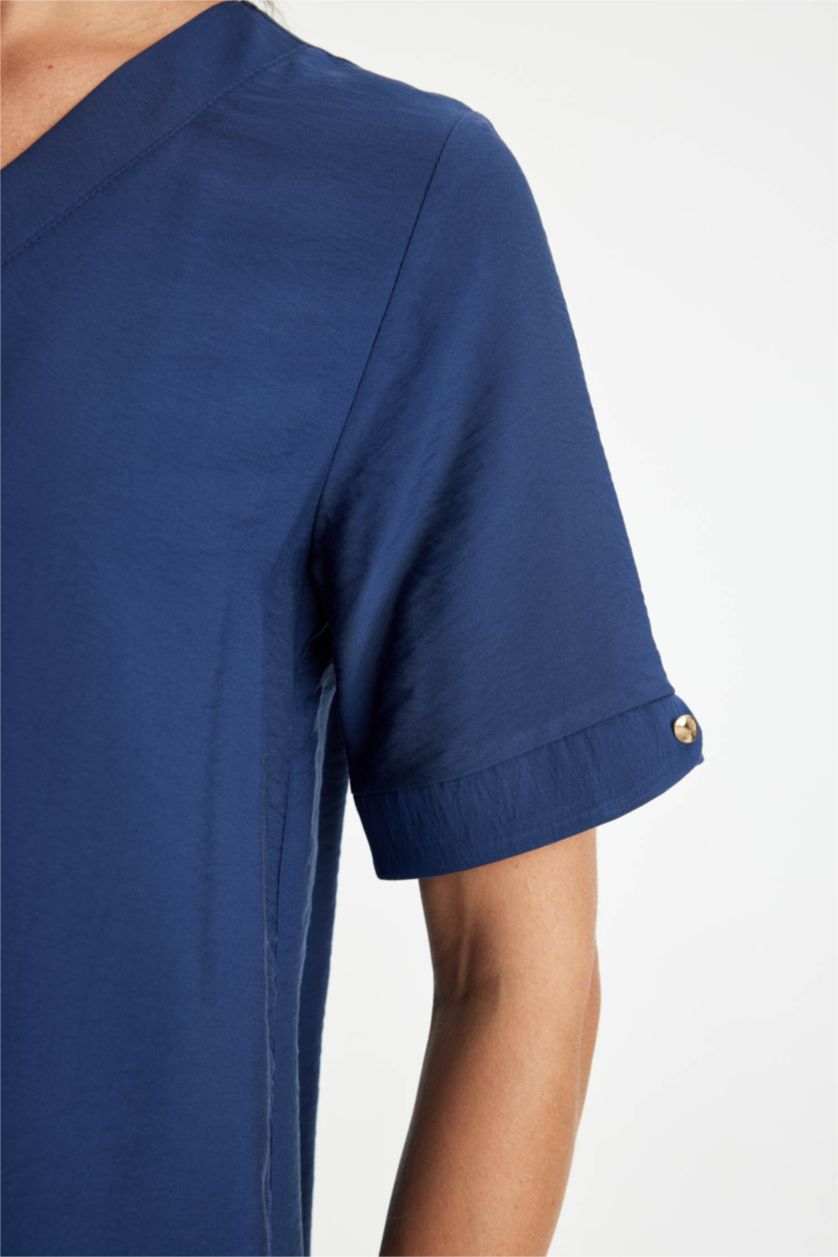 Kadın Lacivert Regular Fit V Yaka Kısa Kollu Midi Elbise