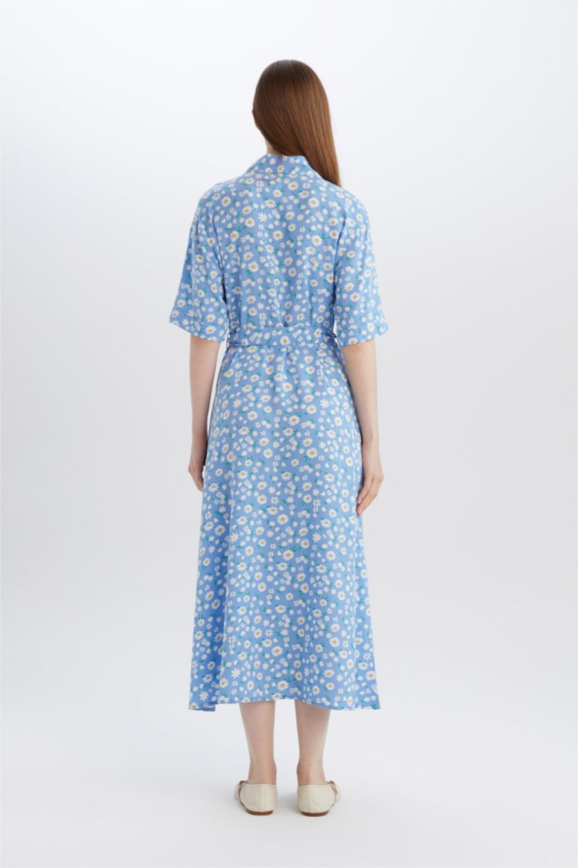 Kadın Açık Mavi A Kesim Gömlek Yaka Çiçek Desenli Kısa Kollu Midi Elbise 