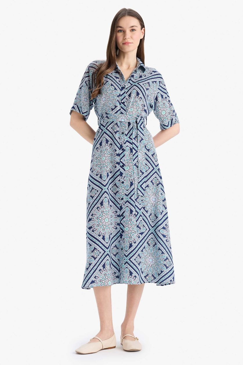 Kadın Lacivert A Kesim Gömlek Yaka Desenli Bağcıklı Kısa Kollu Midi Elbise