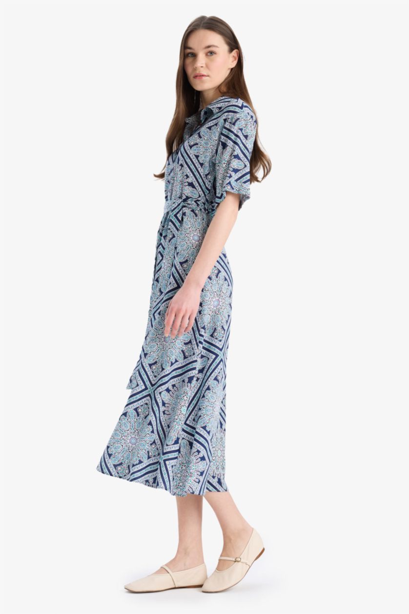 Kadın Lacivert A Kesim Gömlek Yaka Desenli Bağcıklı Kısa Kollu Midi Elbise