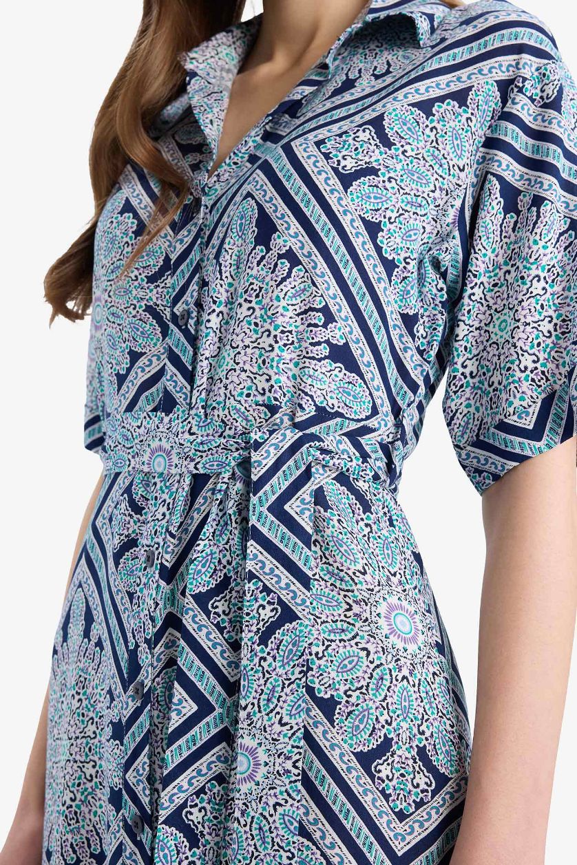 Kadın Lacivert A Kesim Gömlek Yaka Desenli Bağcıklı Kısa Kollu Midi Elbise