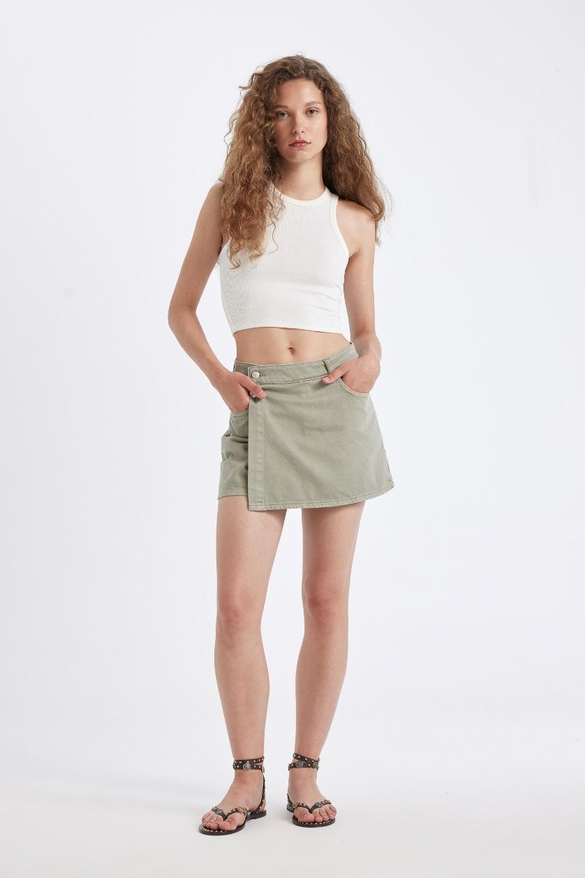 Woman Light Khaki High Waist Denim Skort