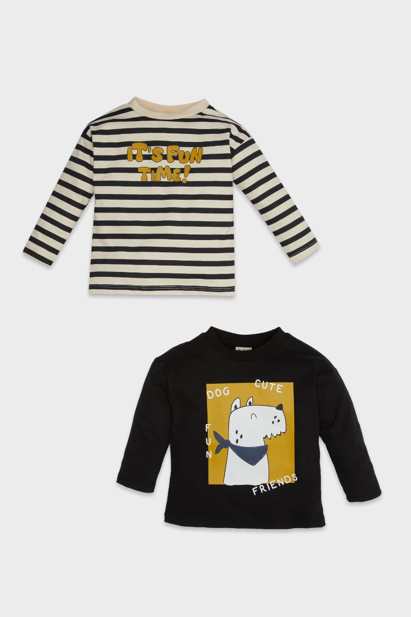 Erkek Bebek Açık Taş Erkek Bebek Bisiklet Yaka Baskılı 2'li Uzun Kollu Tişört