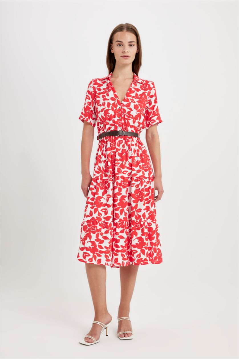 Kadın Kırmızı Gömlek Yaka Desenli Kısa Kollu Midi Elbise