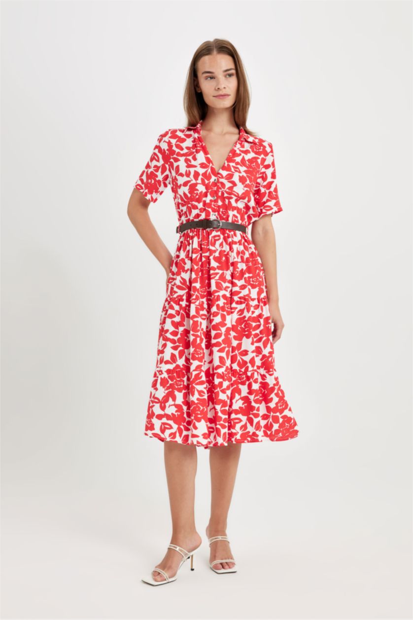 Kadın Kırmızı Gömlek Yaka Desenli Kısa Kollu Midi Elbise