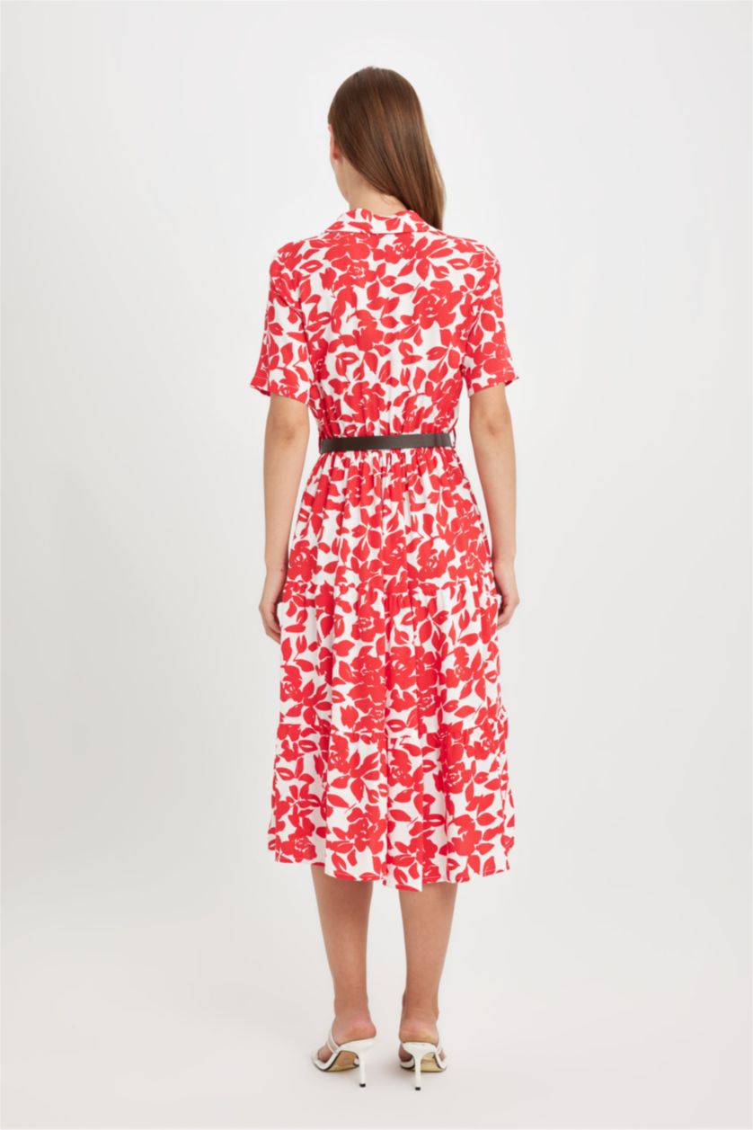Kadın Kırmızı Gömlek Yaka Desenli Kısa Kollu Midi Elbise