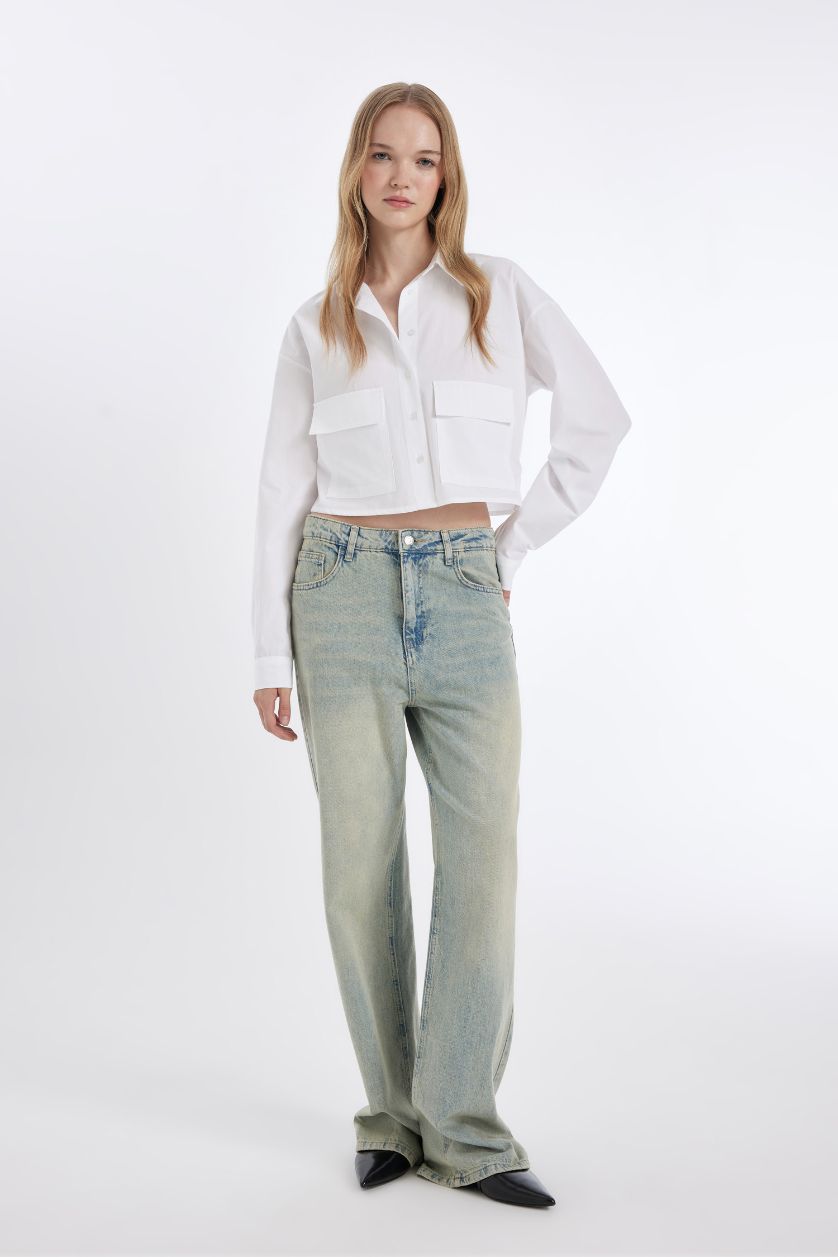 Kadın Beyaz Oversize Geniş Kalıp Cepli Poplin Uzun Kollu Gömlek