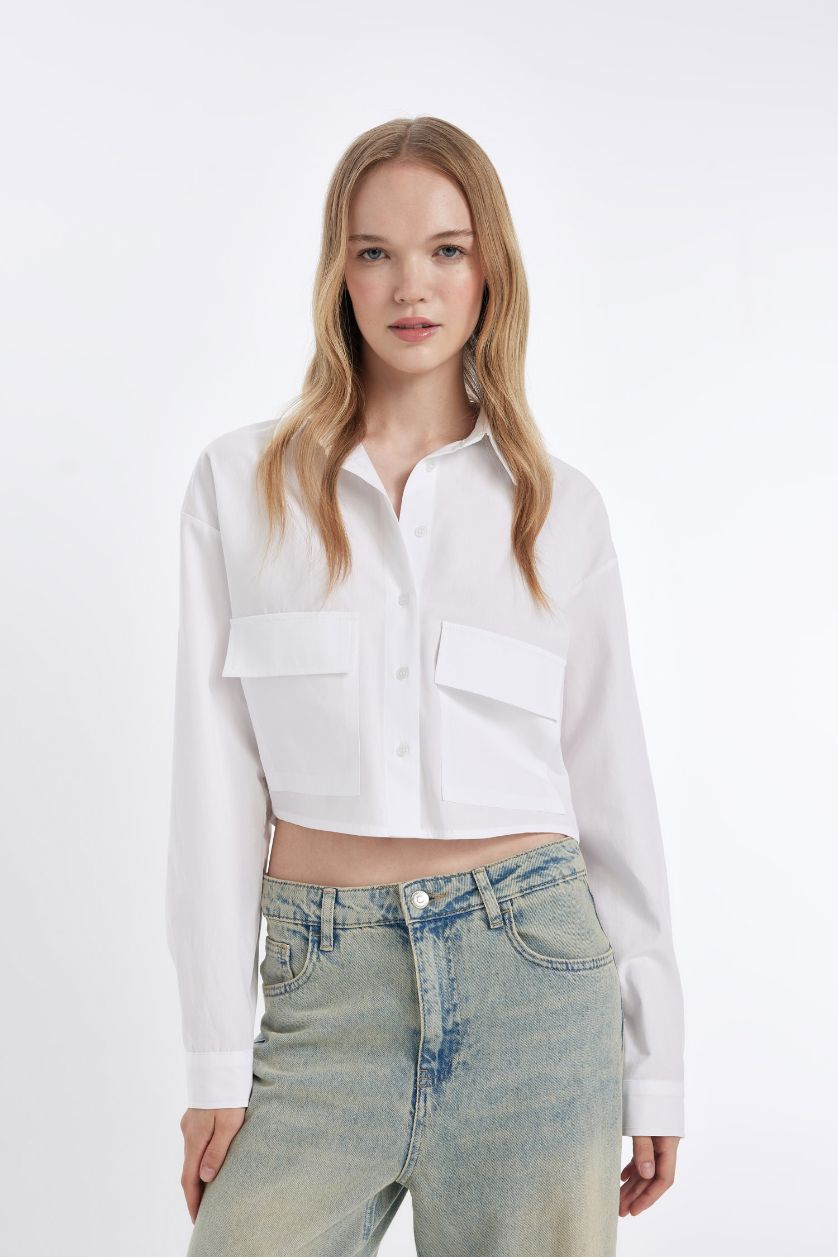 Kadın Beyaz Oversize Geniş Kalıp Cepli Poplin Uzun Kollu Gömlek