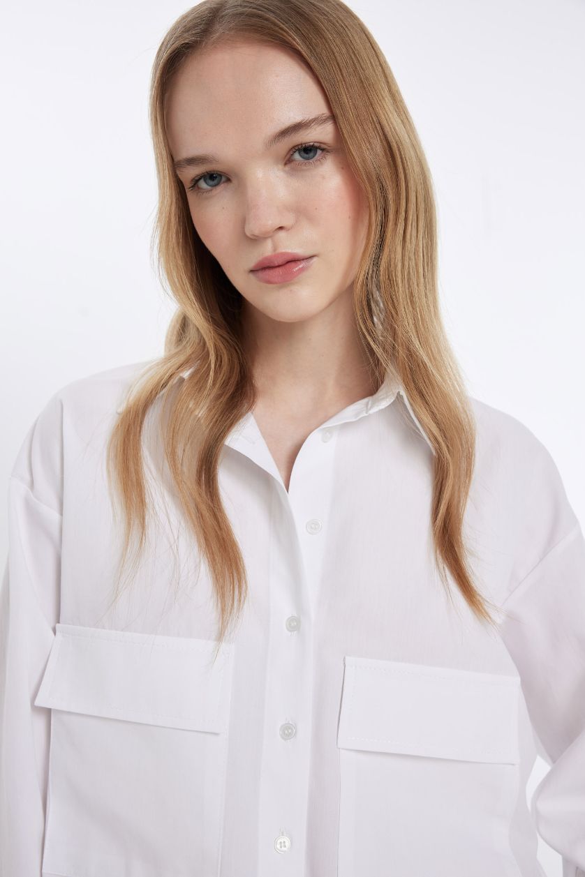 Kadın Beyaz Oversize Geniş Kalıp Cepli Poplin Uzun Kollu Gömlek