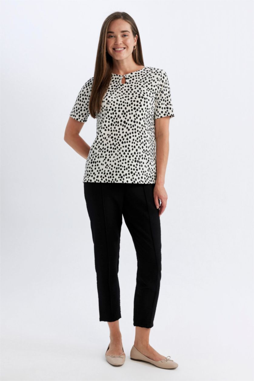 WOMAN Ecru Traditional Regular Fit Patterned Wrinkled T-Shirt