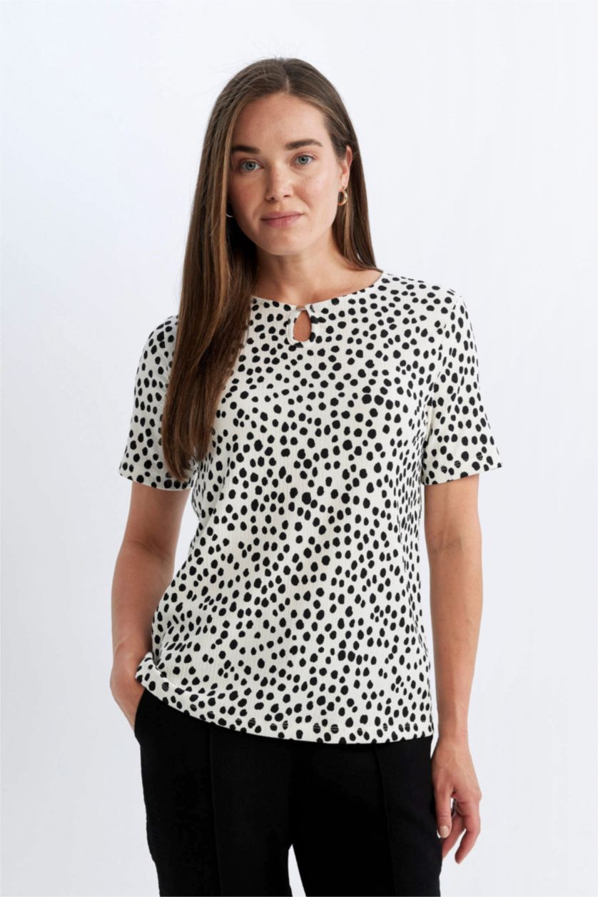 WOMAN Ecru Traditional Regular Fit Patterned Wrinkled T-Shirt