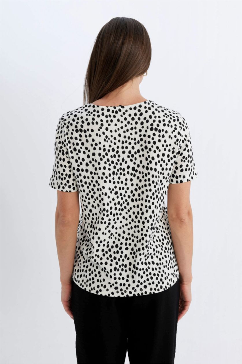 WOMAN Ecru Traditional Regular Fit Patterned Wrinkled T-Shirt