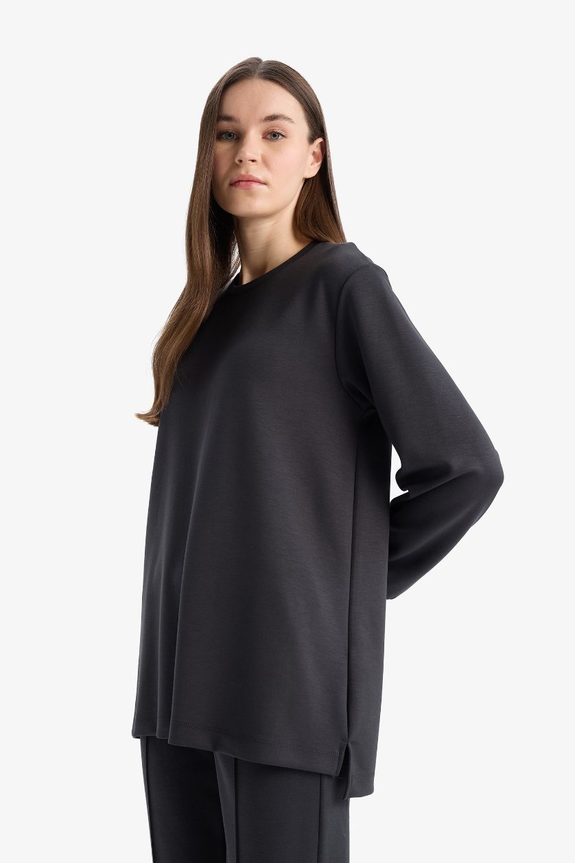 Woman Anthracite Regular Fit Crew Neck Basic Sweatshirt Tunic