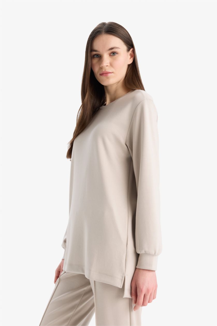 Kadın Taş Regular Fit Bisiklet Yaka Basic Düz Siyah Sweatshirt Tunik