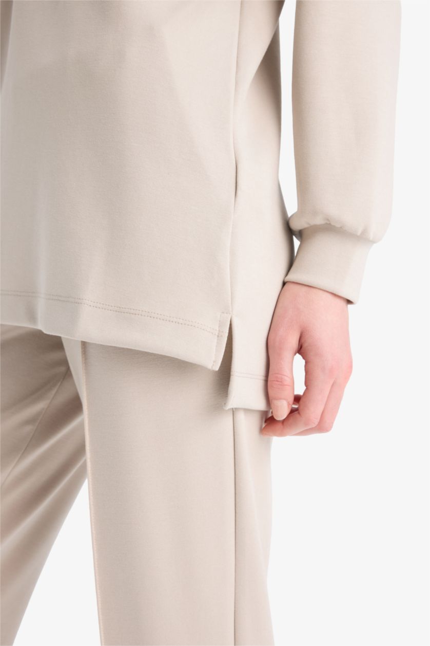 Kadın Taş Regular Fit Bisiklet Yaka Basic Düz Siyah Sweatshirt Tunik