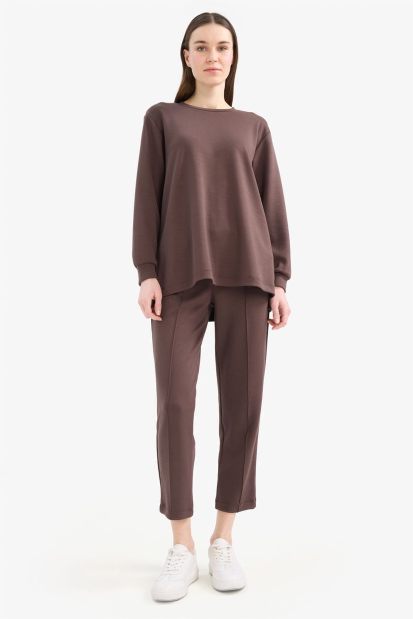 Woman Brown Regular Fit Crew Neck Basic Sweatshirt Tunic