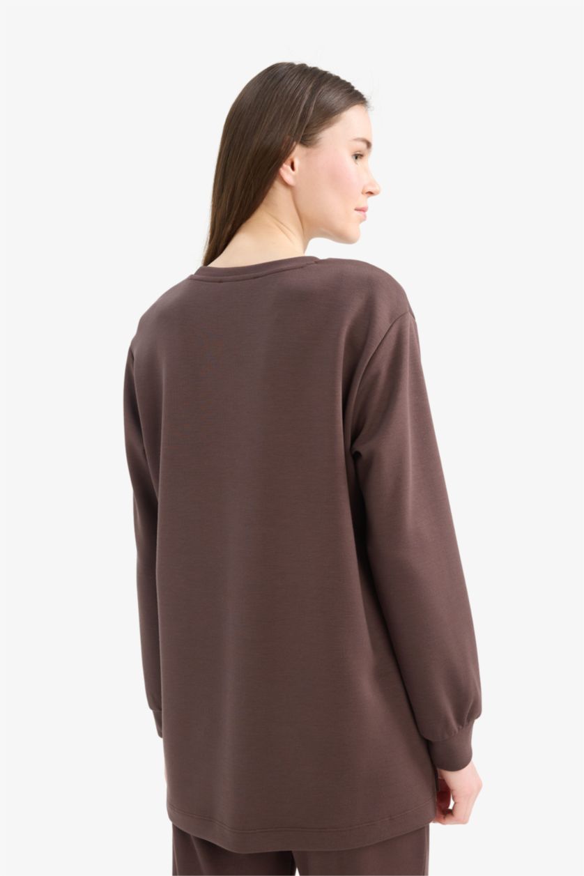 Woman Brown Regular Fit Crew Neck Basic Sweatshirt Tunic