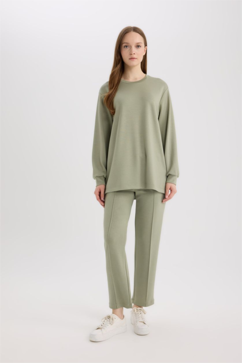 WOMAN Light Khaki Regular Fit Crew Neck Basic Sweatshirt Tunic