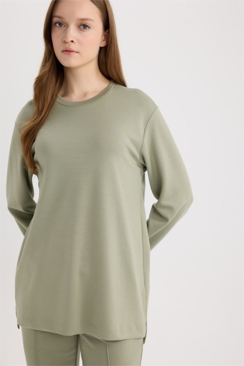 WOMAN Light Khaki Regular Fit Crew Neck Basic Sweatshirt Tunic