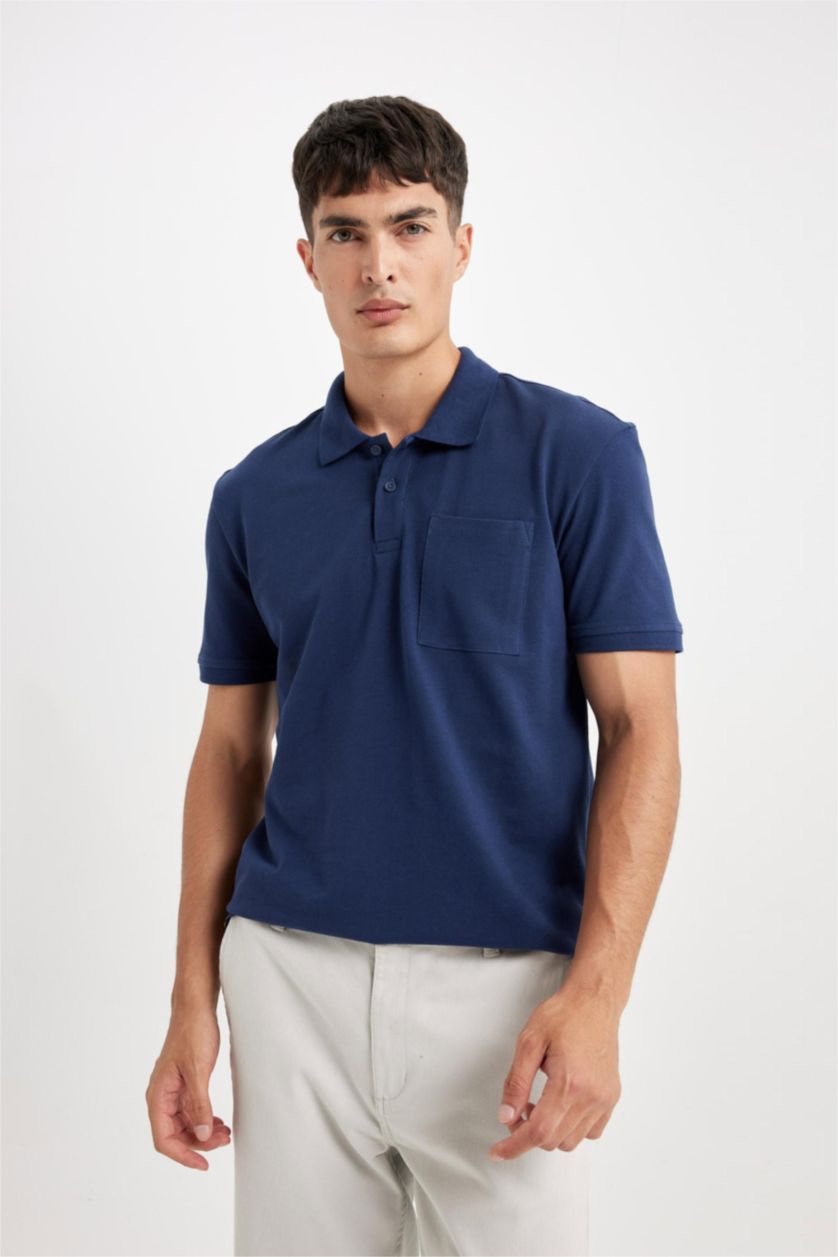 Erkek Lacivert %100 Pamuk New Regular Fit Polo Yaka Kısa Kollu Pike Basic Düz Tişört