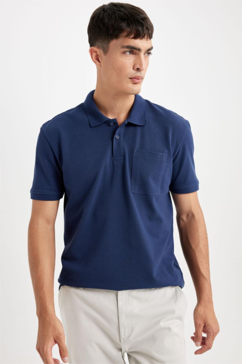 Erkek Lacivert %100 Pamuk New Regular Fit Polo Yaka Kısa Kollu Pike Basic Düz Tişört