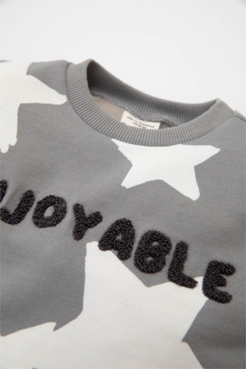 Erkek Bebek Gri Erkek Bebek 2'li Takım Yıldız Desenli Sweatshirt Beli Lastikli Jogger Eşofman Altı