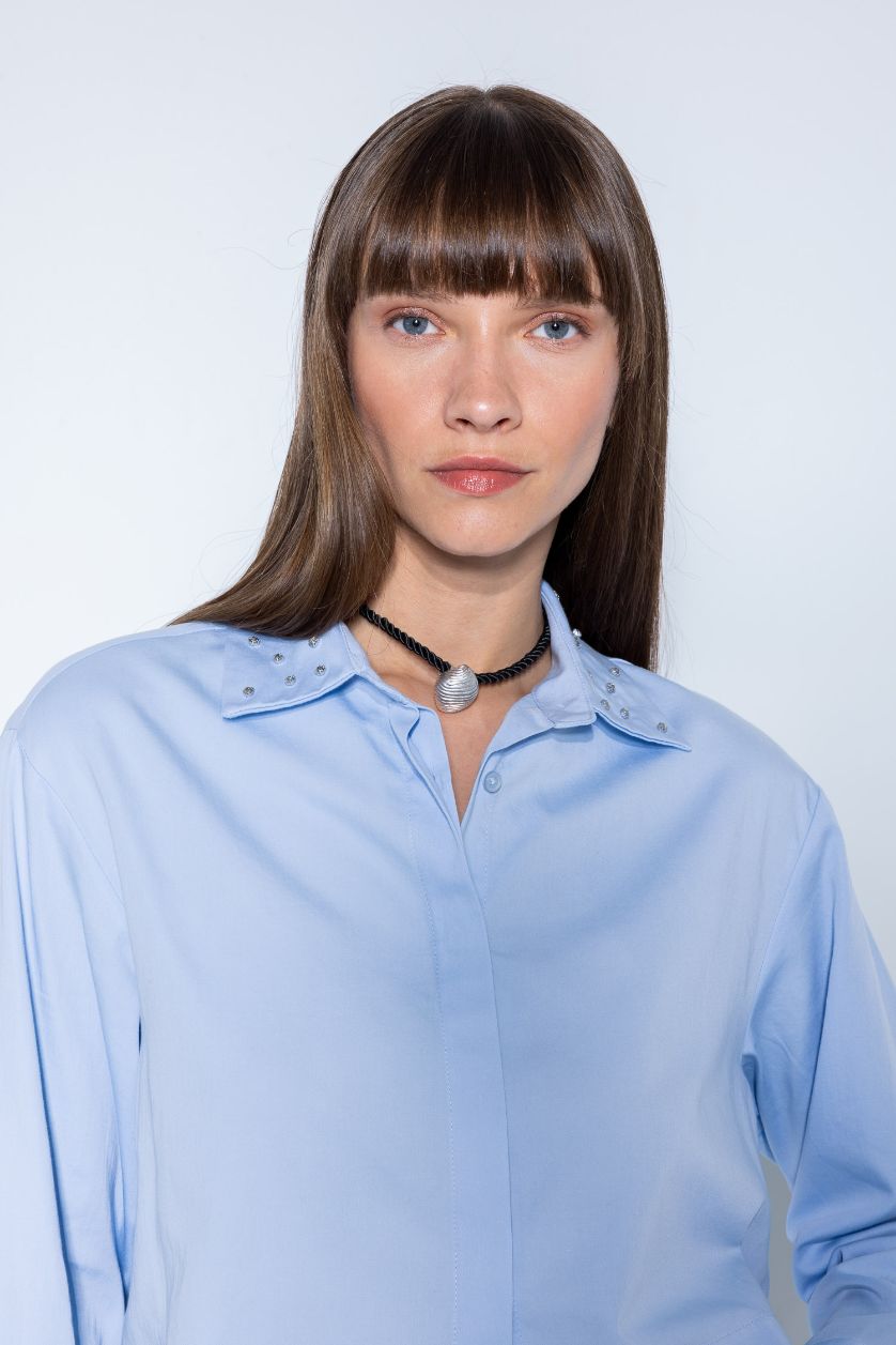 Kadın Açık Mavi Crop Basic Düz Düğmeli Dokuma Uzun Kollu Gömlek