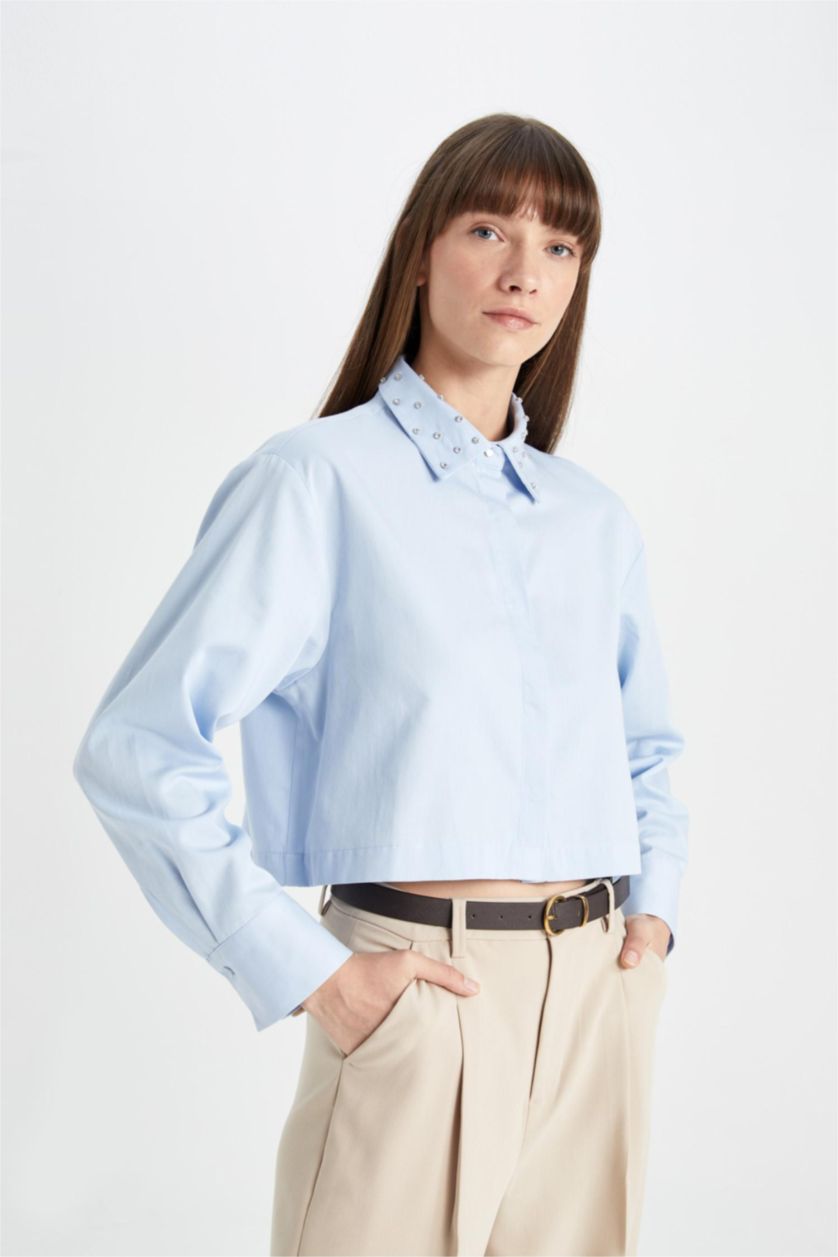 Kadın Açık Mavi Crop Basic Düz Düğmeli Dokuma Uzun Kollu Gömlek