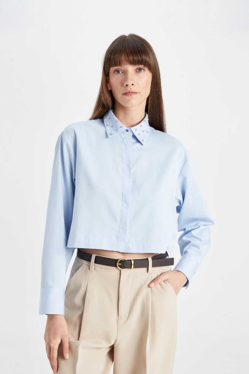 Kadın Açık Mavi Crop Basic Düz Düğmeli Dokuma Uzun Kollu Gömlek
