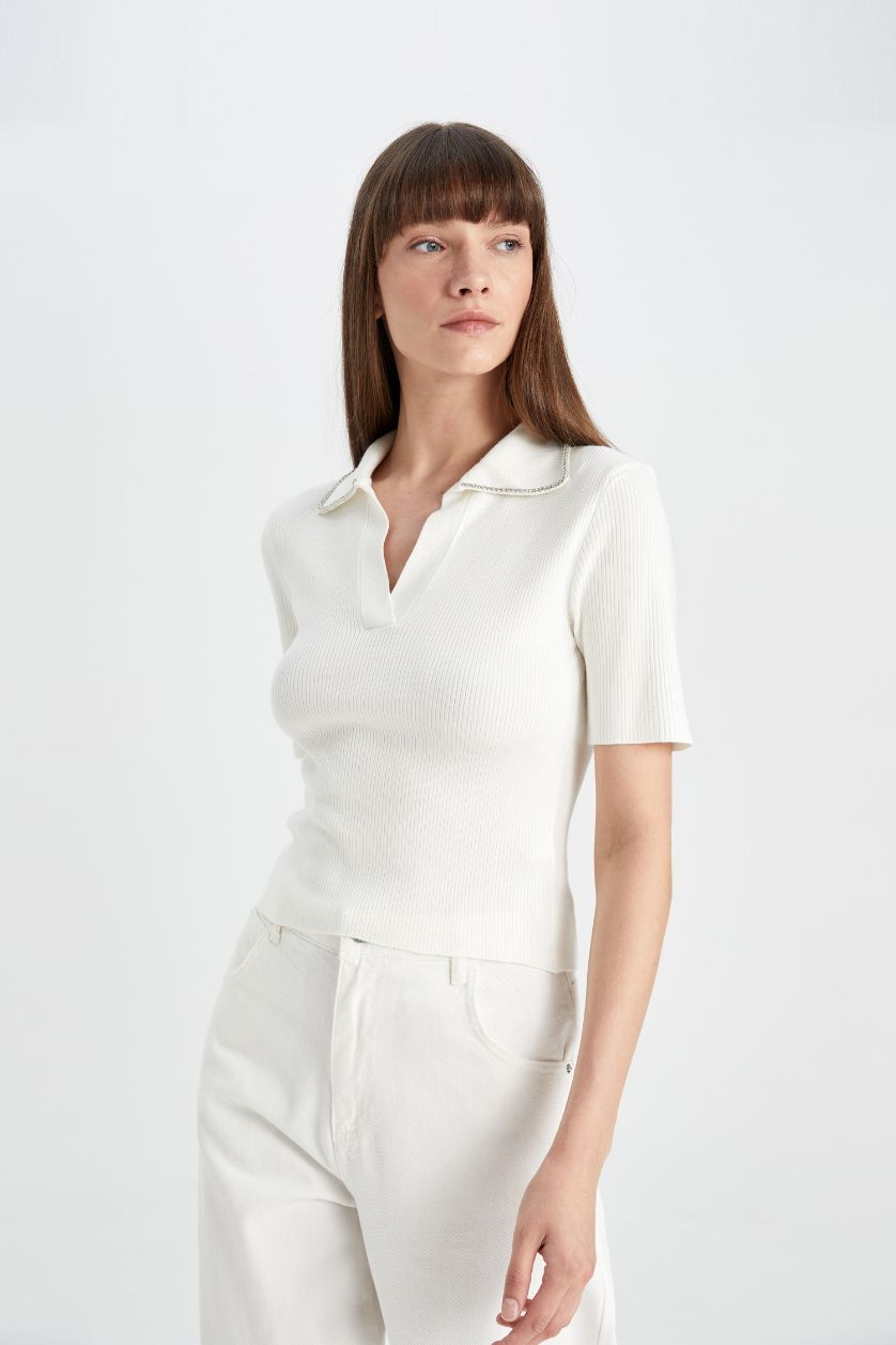 Kadın Ekru Fitted Polo Yaka Taş İşlemeli Kısa Kollu Triko Kazak