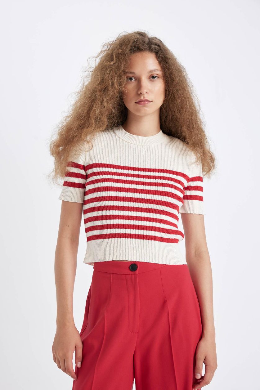 Kadın Kırmızı Slim Fit Dar Kesim Çizgili Bisiklet Yaka Kısa Kollu Triko Kazak