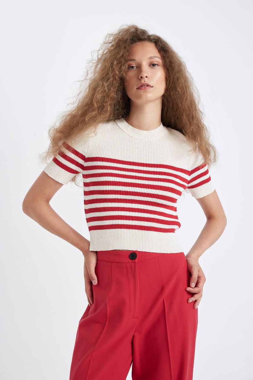 Kadın Kırmızı Slim Fit Dar Kesim Çizgili Bisiklet Yaka Kısa Kollu Triko Kazak