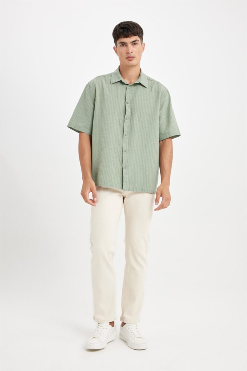 Erkek Açık Yeşil Relax Fit Yazlık Pamuklu Gofre Kısa Kollu Gömlek
