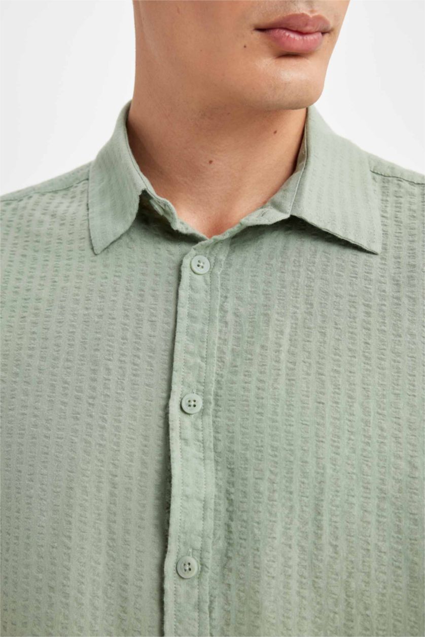 Erkek Açık Yeşil Relax Fit Yazlık Pamuklu Gofre Kısa Kollu Gömlek