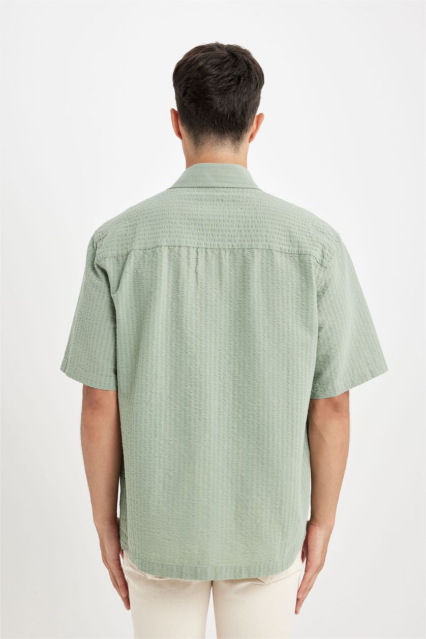 Erkek Açık Yeşil Relax Fit Yazlık Pamuklu Gofre Kısa Kollu Gömlek