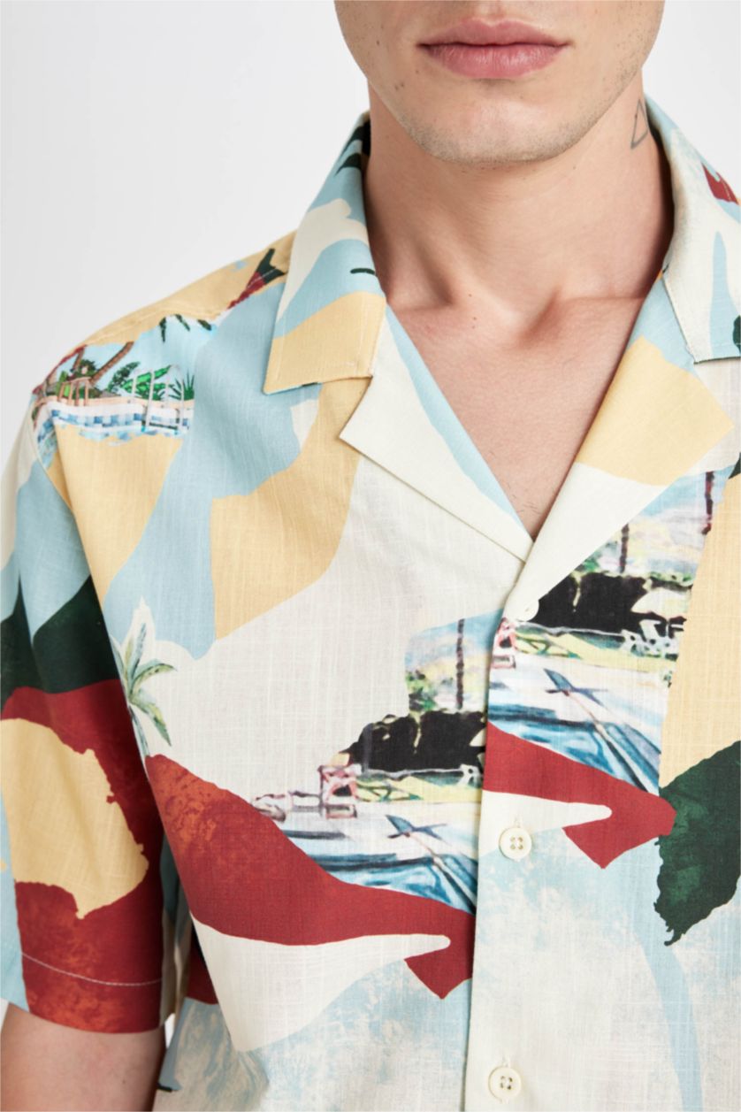 Erkek Açık Sarı Relax Fit Yazlık Apaş Yaka Baskılı Pamuklu Kısa Kollu Gömlek