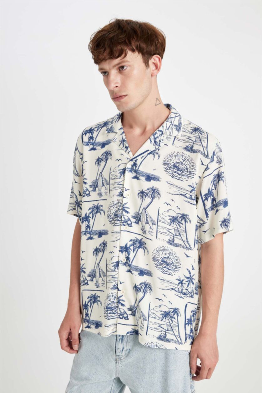 HOMME Beige Chemise Viscose imprimée Coupe Relax à Manches Courtes et à Col Rond