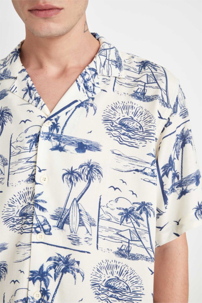 HOMME Beige Chemise Viscose imprimée Coupe Relax à Manches Courtes et à Col Rond