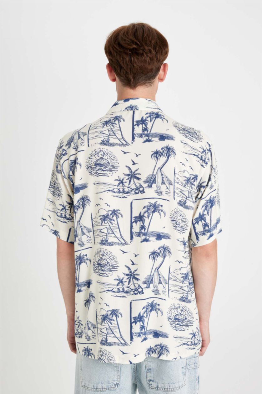 HOMME Beige Chemise Viscose imprimée Coupe Relax à Manches Courtes et à Col Rond